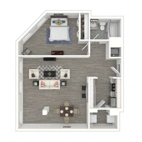 Floor plan for 1 bed, 1 bath, 644 sqft
